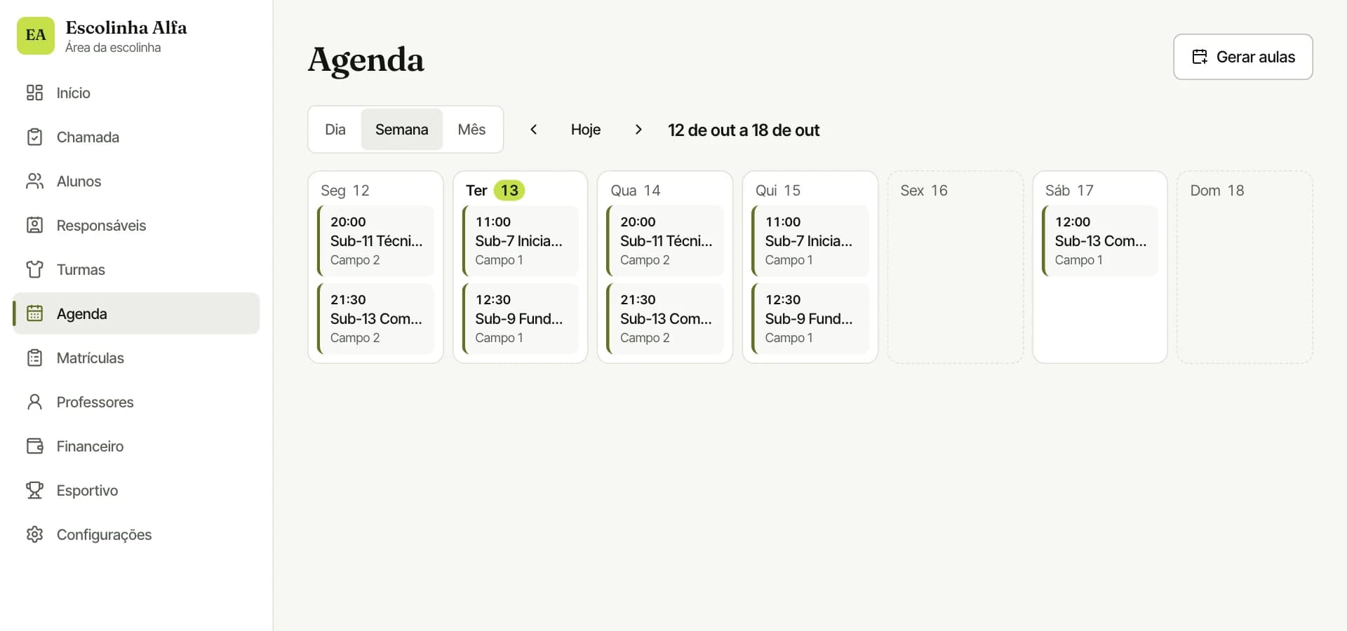 Agenda da semana com os treinos de cada turma por dia, horário e campo.