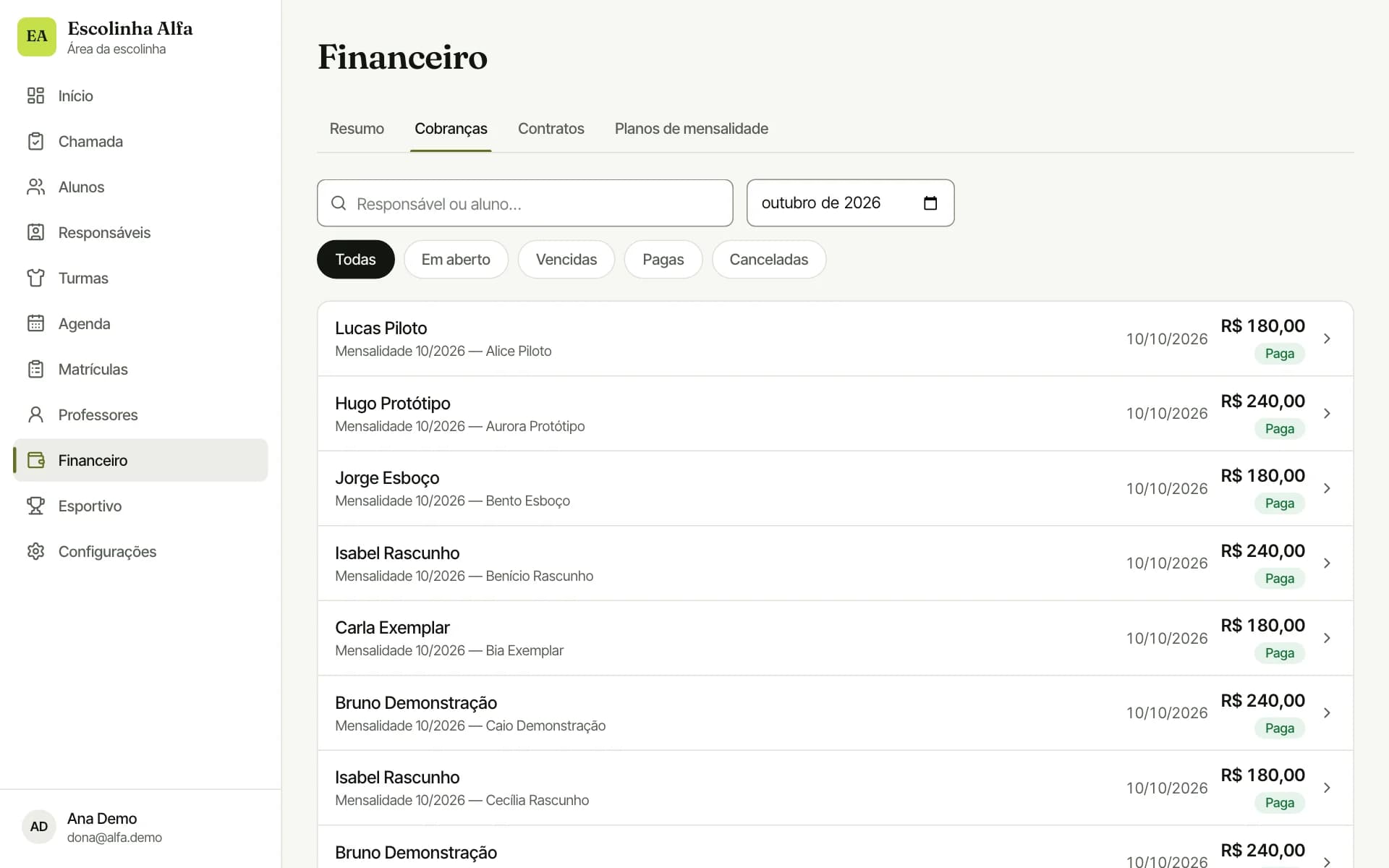 Cobranças de outubro com responsável, aluno, vencimento, valor e situação paga ou vencida.