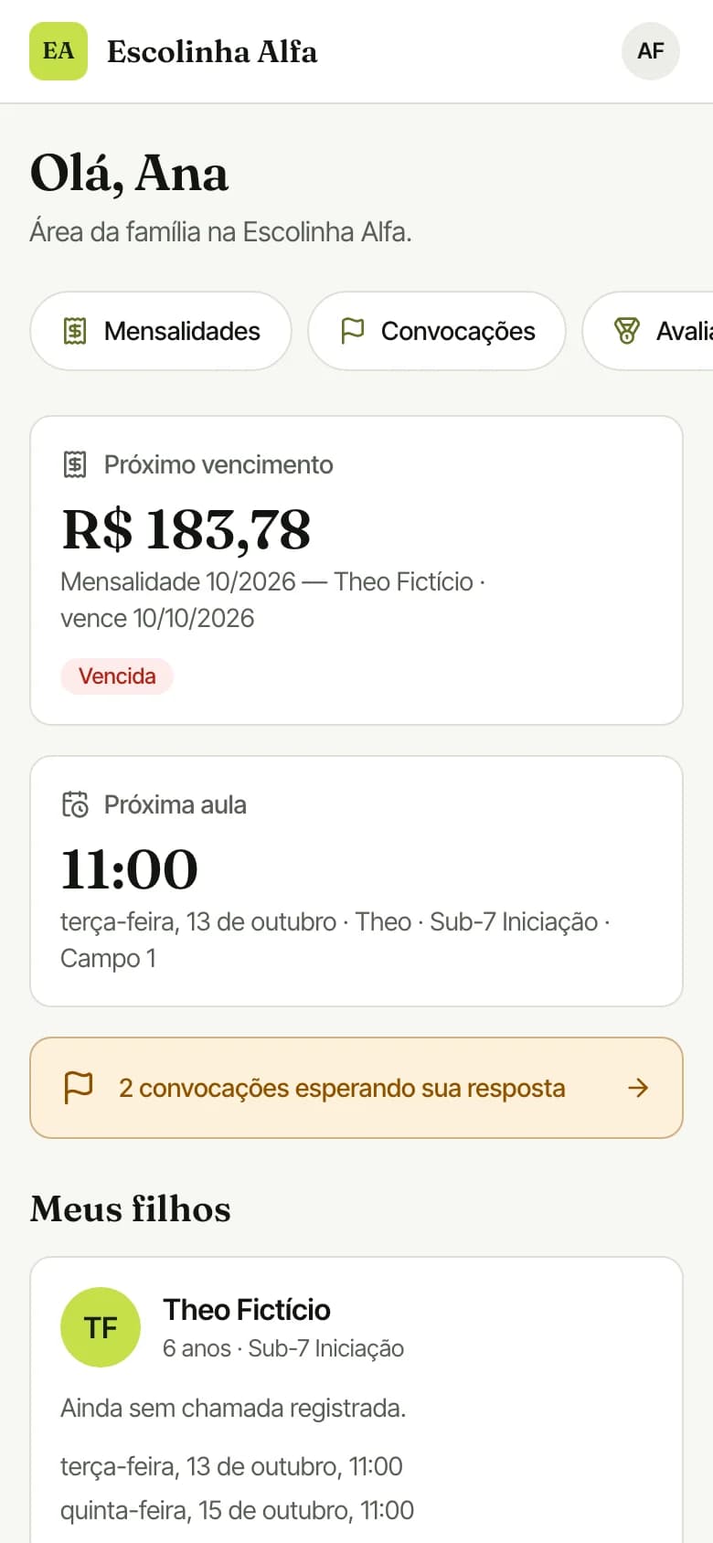 Portal da família no celular: próximo vencimento, próxima aula, convocações e os filhos cadastrados.
